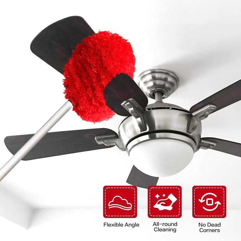 Heonay Ceiling Fan Cleaner Duster Reusable Microfiber Ceiling Fan Blade Cleaner Removable Duster with Extension Pole Adjusts 13 to 49.7 Inch for Cleaning Walls Bookshelves Furniture Door Window Top (Red) - Image 2